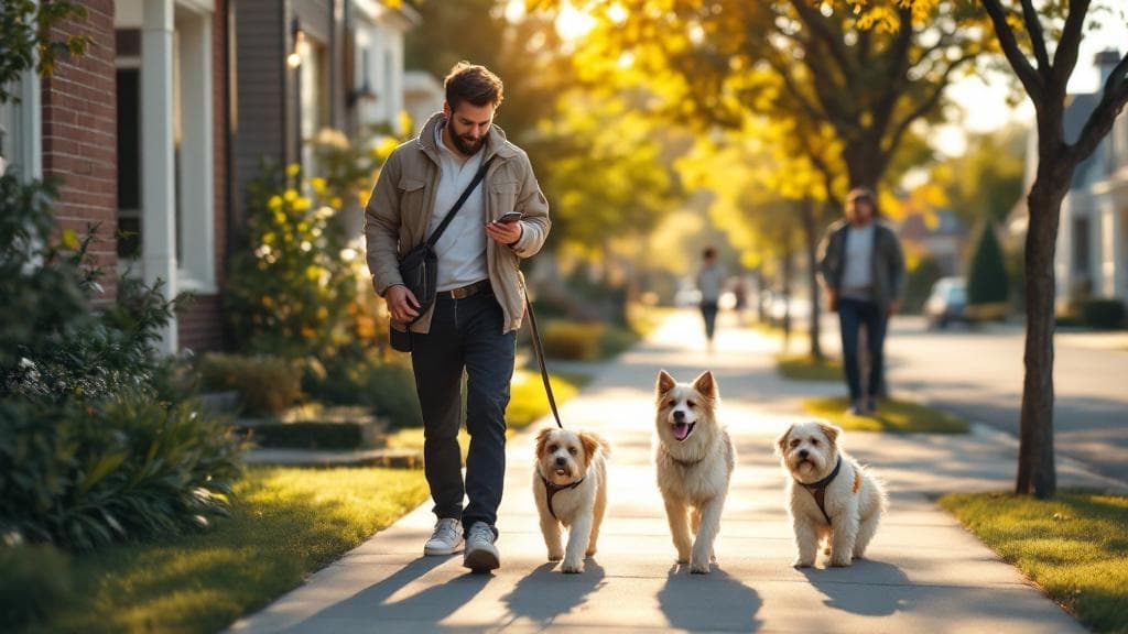 Professional dog walker caring for a group of dogs